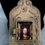 Item SB2. Small incised metal  box, hinged frame, Jed Gibbons print of Jesus with the Golden Tear, set with bronze stick pearls and white fresh water rice pearls - Swarovski crystals embelish the box - 4" H x 2.5"W ( $30 plus $4.95 S/H)