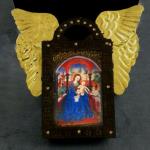 Item SB3. Winged metal box, hnged frame adorned with Swarovski crystal "stars", print of medieval illumination of Madonna and child, surrounded by glittering gold beads - 4.5" W x 4.5"H- ($50 plus $4,95 S/H)